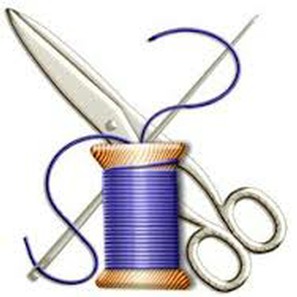 An image of a pair of sewing scissors, needle and thread